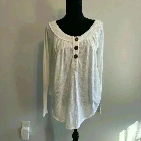 We the Free Must Have White Henley Long Sleeve Waffle Top Size Small Free People - Picture 2 of 8